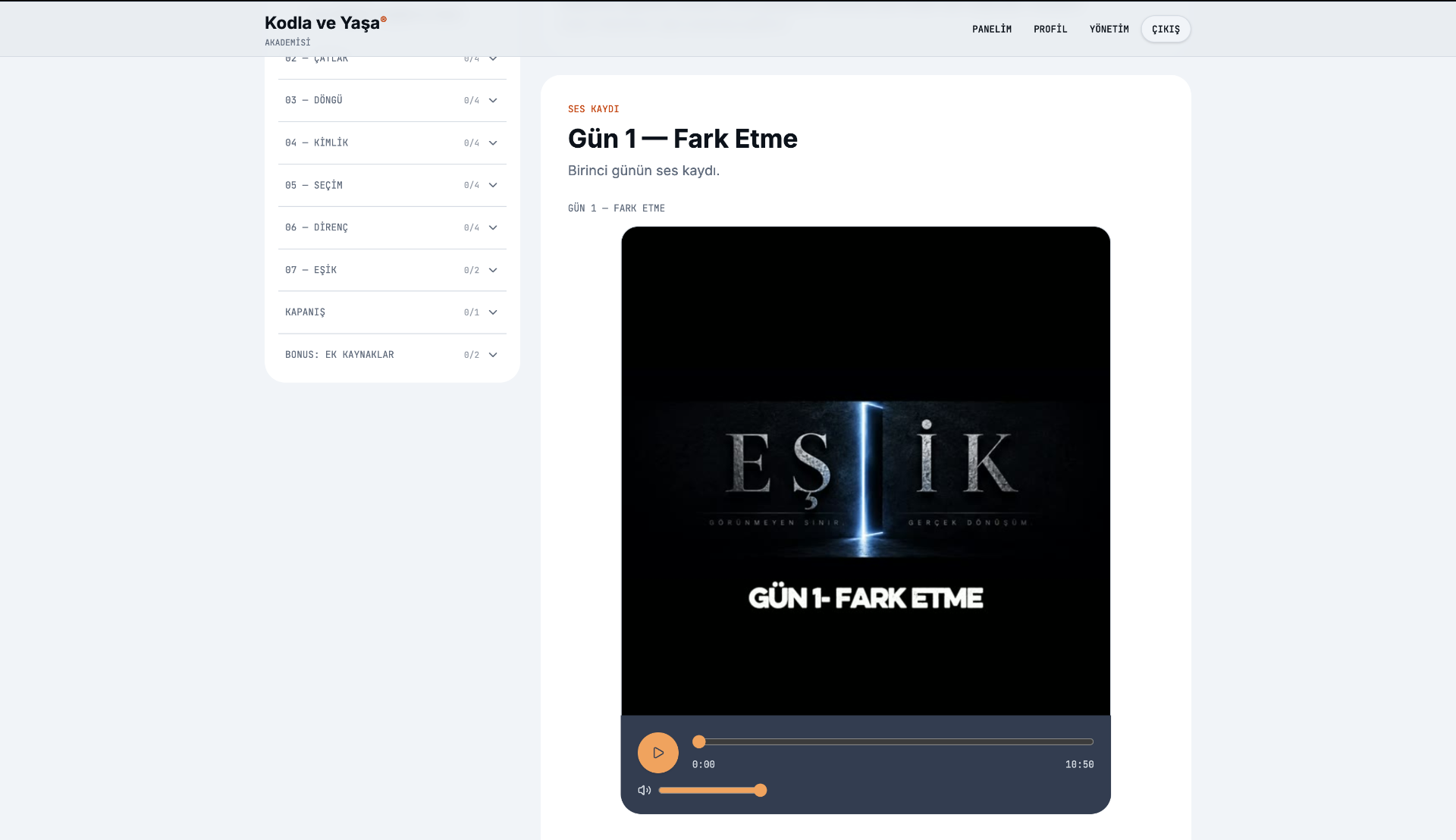 EŞİK™ ses kaydı ekranı: Fark Etme dersi oynatıcısı