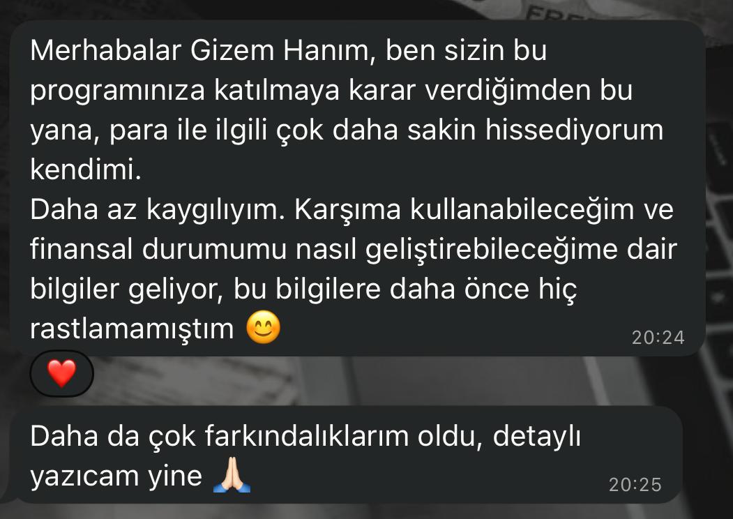 Katılımcı mesajı: Para ile ilgili çok daha sakin hissediyorum kendimi.