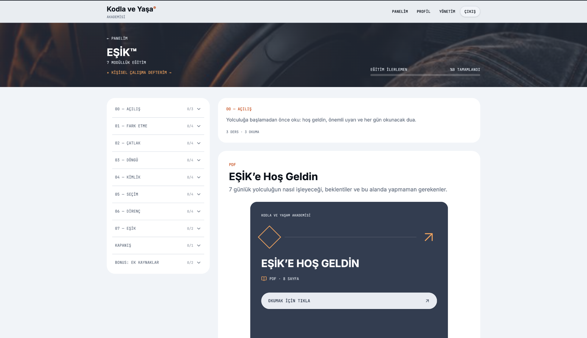 EŞİK™ eğitim sayfası: modül listesi, ilerleme çubuğu ve ders alanı